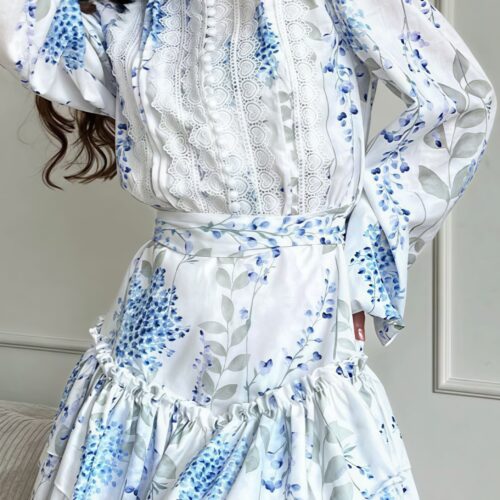 Floral Print Stand Collar Puff Sleeve Ruffle Maxi Dress