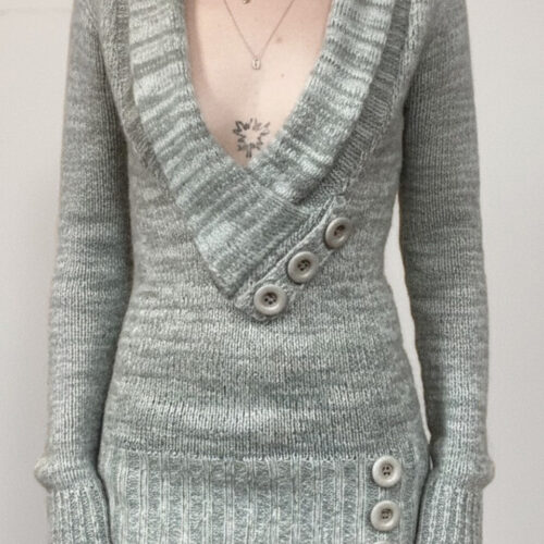 Vintage Paneled Asym V Neck Button Solid Sweater