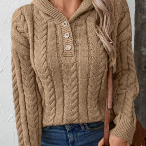 Vintage Solid Color Button-Front Hooded Thick Warm Sweater