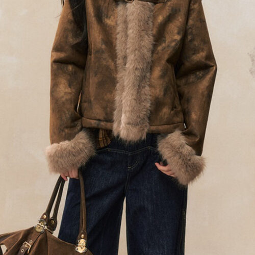 Brown Faux Fur Trim Wool Blend Coat