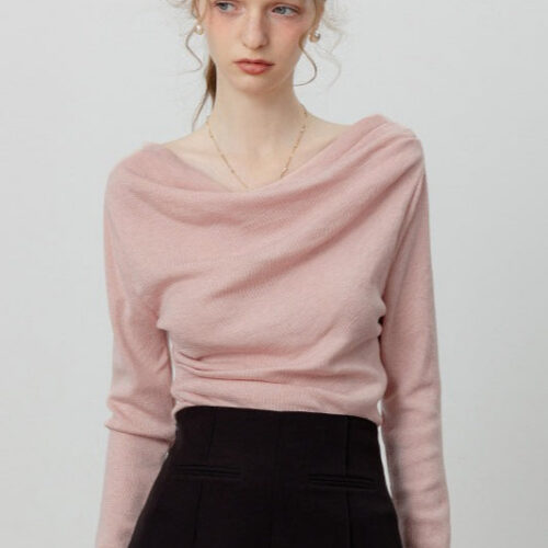 Chic Off Shoulder Tie Waist Cowl Neck Long Sleeve Tee