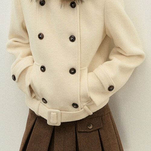 Double Breasted Hooded Waist Cinched Thickened Wool Coat