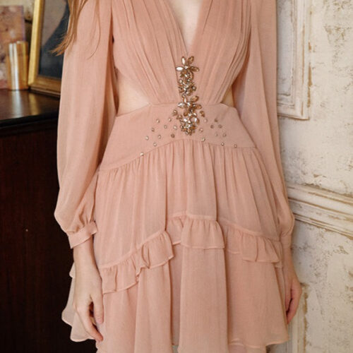 Elegant Deep V Cut Out Waist Rhinestone Chiffon Mini Dress