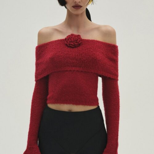 3D Floral Off-Shoulder Fitted Knitted Long Sleeve Tee