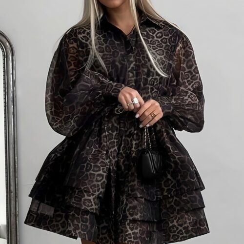 Chiffon Leopard Print Long Sleeve Mini Dress